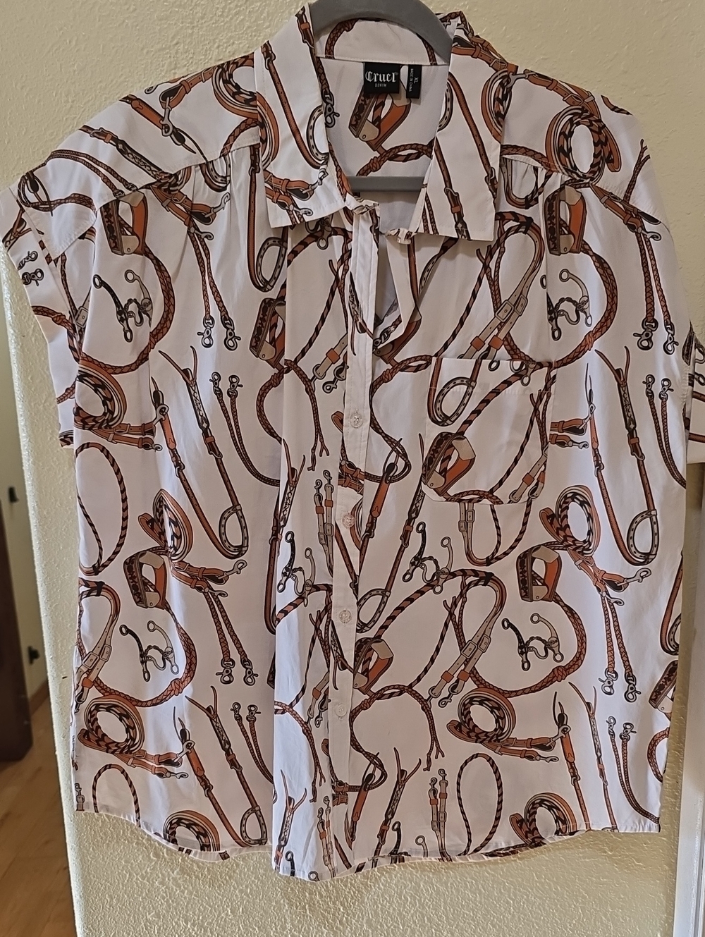 Horse Reins Ivory Button-Up Shirt with Brown Equestrian Print